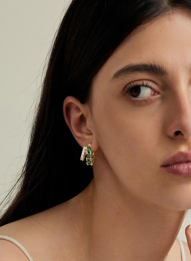 Mesovor Gold Green Zircon Double Hoop Earrings for Women, 14K Gold Plated Square Colored Cubic Zirconia Hoops Earrings Jewelry Gifts (Green) - Image 4
